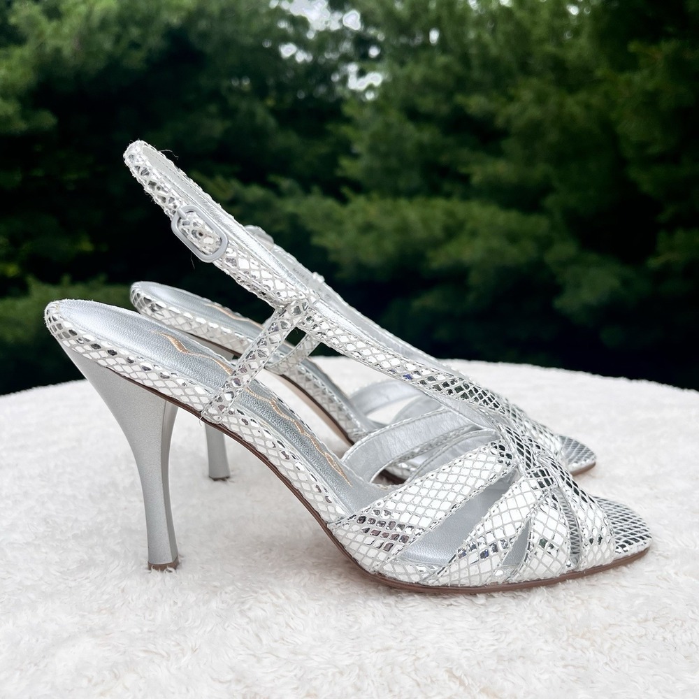 Nina Metallic Slingback Heel Size 7.5 Silver Snakeskin Embossed Strappy Stiletto